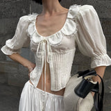 French Sweet Design Petal Scoop Lace Stitching Ruffle Slim Shirt Solid Color Tied Top
