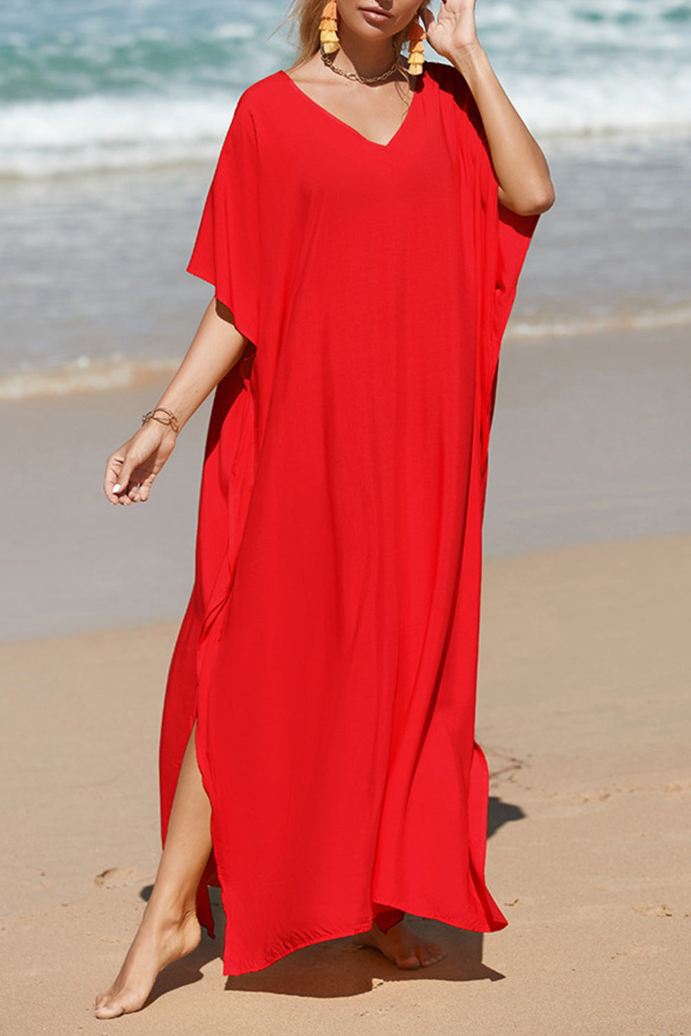 Slit V-Neck Half Sleeve Cover-Up Beach Maxi Dress