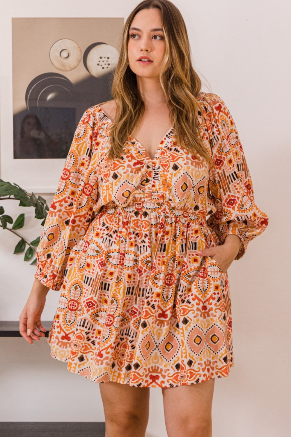 Boho Plus Size Ruff Sleeve Romper with Pockets