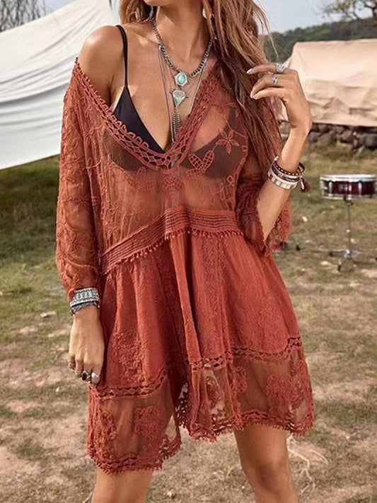 Lace Detail Plunge Cover-Up Beach Dress