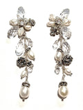 Handcrafted Long Flower earrings Pearl and crystal rhinestone