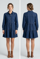 Button Down Babydoll Ruffle Soft Denim Mini Dress