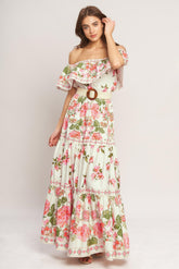 Ruffle Off Shoulder Maxi Dress - 100% Cotton
