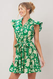 Green Ruggle Cap Sleeve Mini Dress 100% Cotton