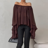 Boat Neck Brown Chiffon off the Shoulder Top Ruffled Shirt