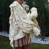 French Design Ruffled Tied Printed Shirt Women Arrival round Neck Flared Sleeves