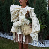 French Design Ruffled Tied Printed Shirt Women Arrival round Neck Flared Sleeves