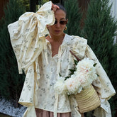 French Design Ruffled Tied Printed Shirt Women Arrival round Neck Flared Sleeves