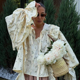 French Design Ruffled Tied Printed Shirt Women Arrival round Neck Flared Sleeves