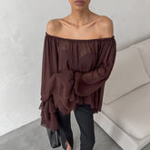 Boat Neck Brown Chiffon off the Shoulder Top Ruffled Shirt