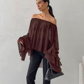 Boat Neck Brown Chiffon off the Shoulder Top Ruffled Shirt