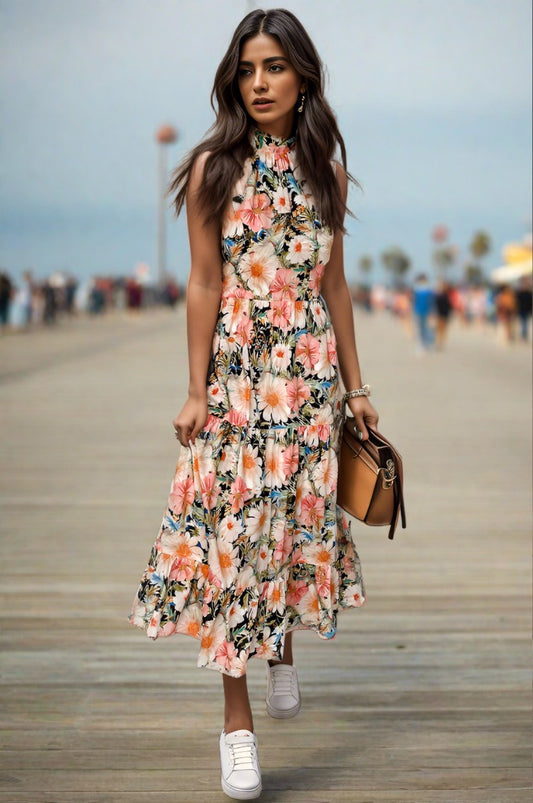 Floral Tiered Pocketed Mock Neck Midi Dress