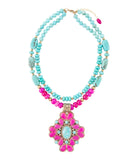 Barcelona Pink Agate Cross Golden Pendant Necklace - Handcrafted