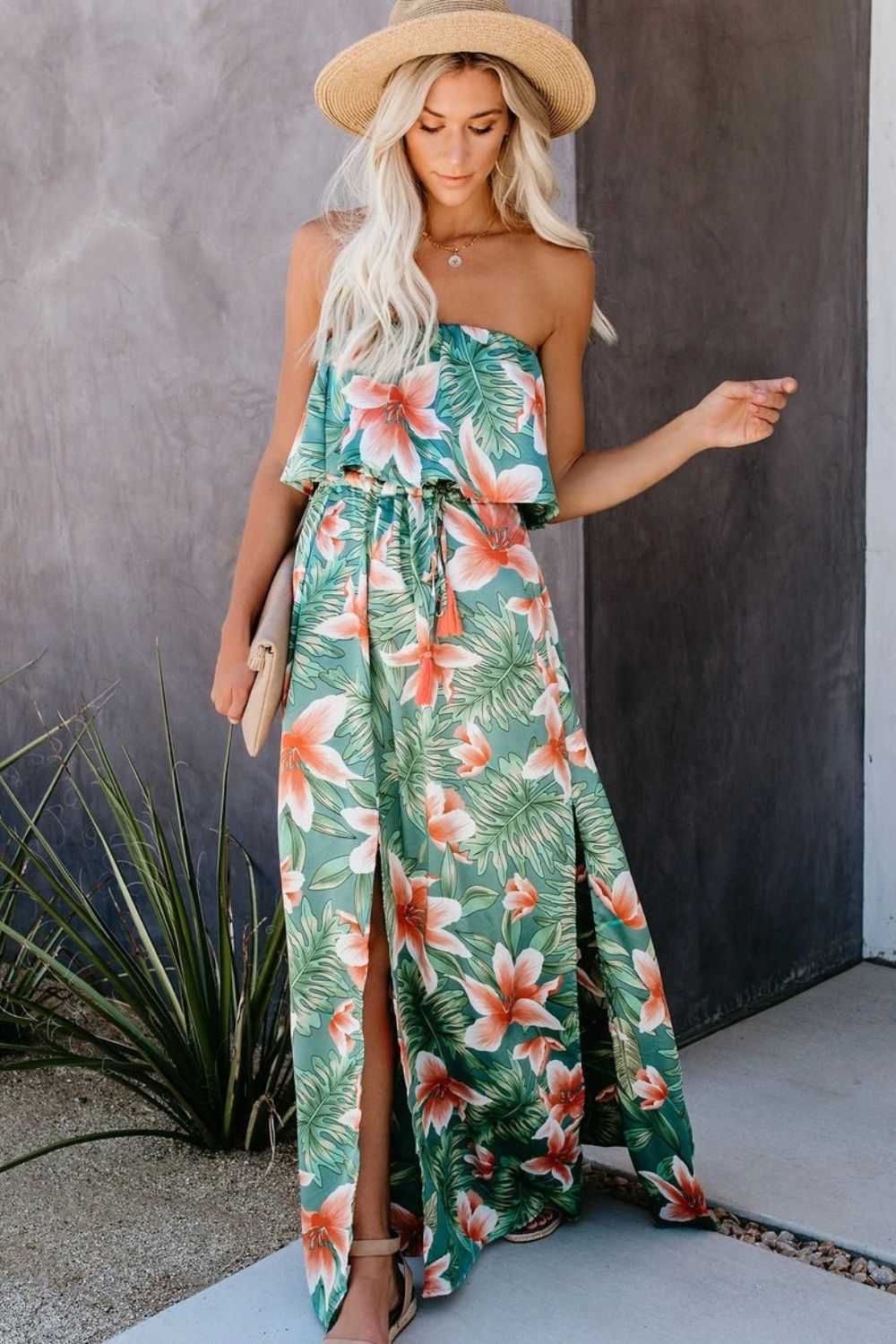 Slit Tropical Sleeveless Tube Maxi Dress