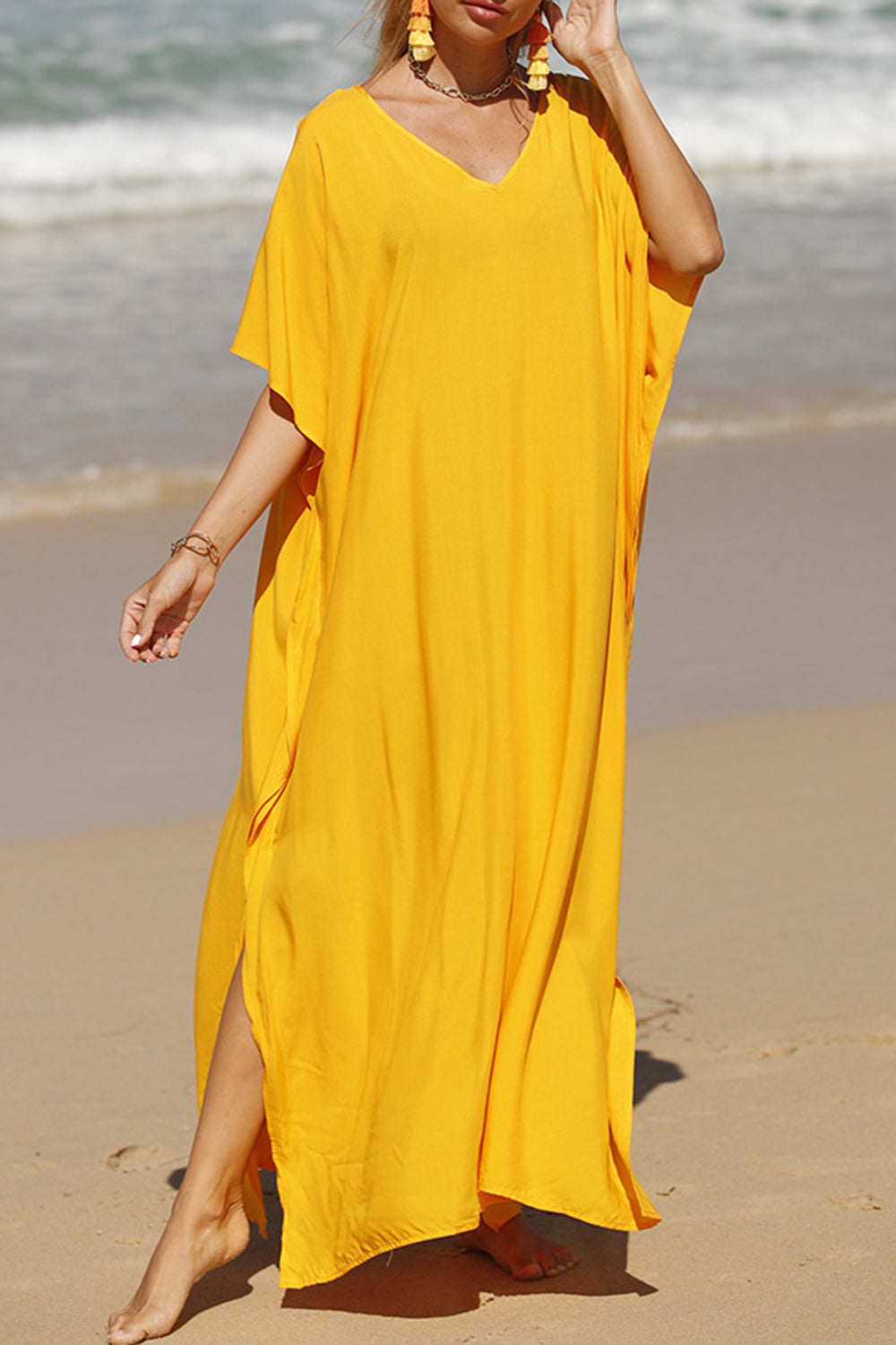 Slit V-Neck Half Sleeve Cover-Up Beach Maxi Dress