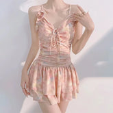 Floral Ruched Korean Swimsuit – 3D Flower One-Piece Skirted