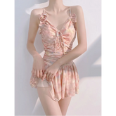 Floral Ruched Korean Swimsuit – 3D Flower One-Piece Skirted