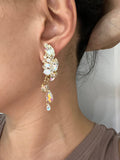 Handcrafted Long Flower earrings Pearl and crystal rhinestone
