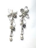 Handcrafted Long Flower earrings Pearl and crystal rhinestone