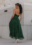 Elphie Strapless Sequin Corset Midi Evening Gown- Green
