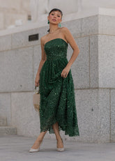 Elphie Strapless Sequin Corset Midi Evening Gown- Green