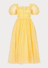 Everbloom Puff Sleeve Midi Dress in Yellow