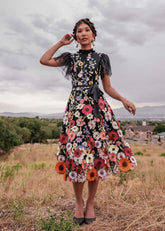 Jubilee Midi Dress Black - Hand-embroidered flowers