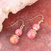 Handmade Mottled Pink Jade Golden Drop Earrings