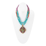 Artisan Prescott Blue Turquoise Purple and Orange Statement Pendant Golden Necklace