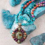 Artisan Prescott Blue Turquoise Purple and Orange Statement Pendant Golden Necklace