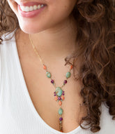 Artisan Regalia Blue Turquoise Purple and Orange Coral Golden Y Necklace