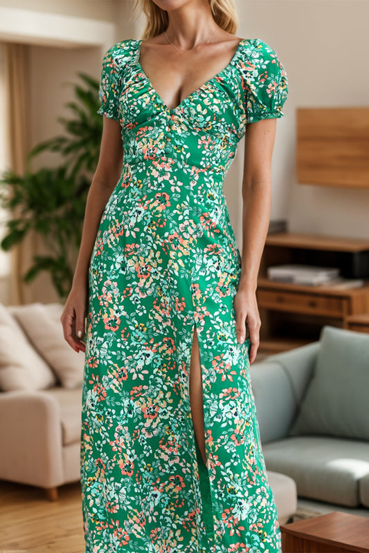 Slit Printed Short Sleeve Midi Summer Dress