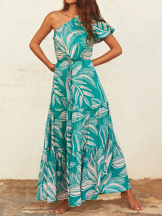 Tropical One Shoulder Puff Sleeve Vacation Dress
