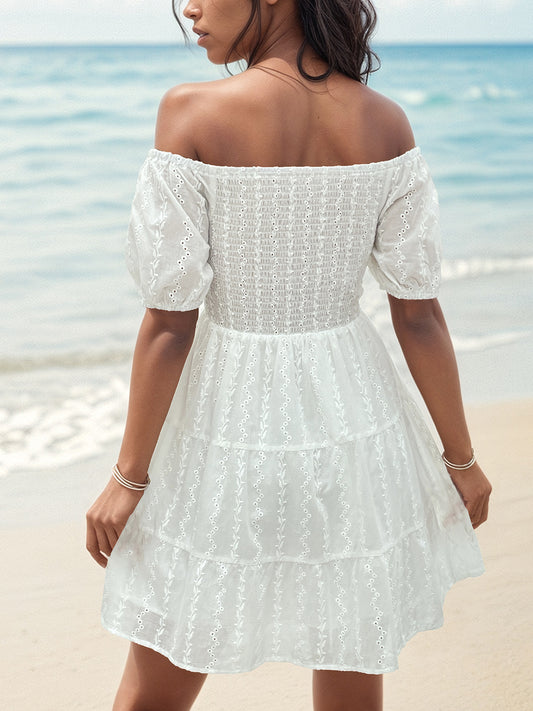 Smocked Eyelet Off-Shoulder Mini Beach Dress