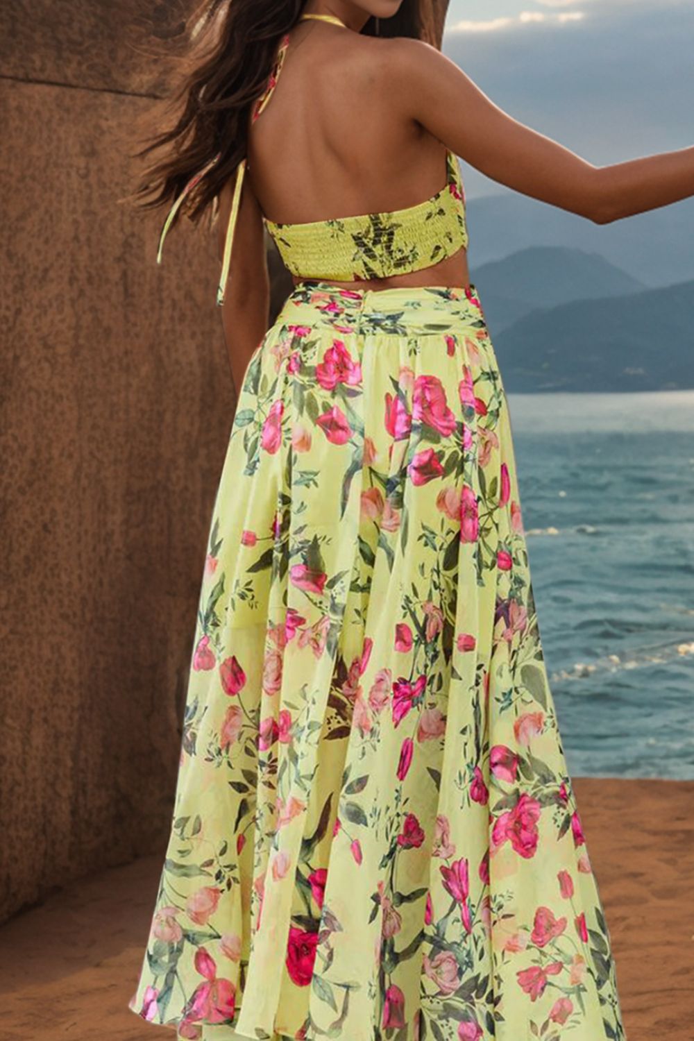 Floral Tie Waist Backless Plunge Resort Maxi Dress