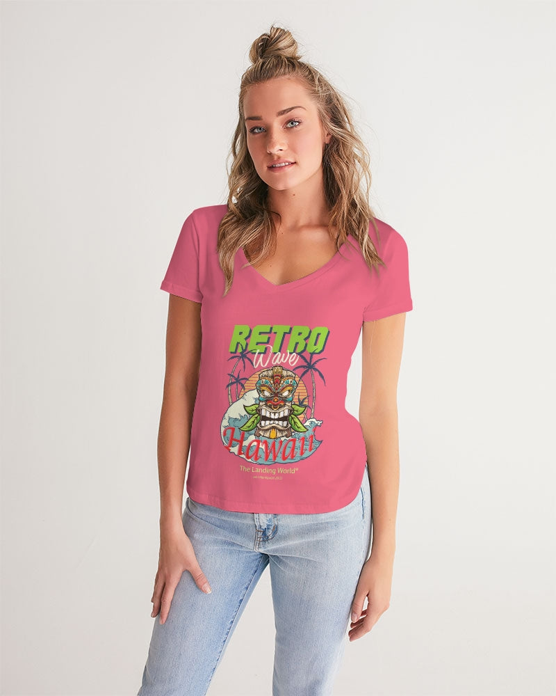 Retro Hawaii Tiki Graphic Women's Pink V-Neck Tee | The Landing World®