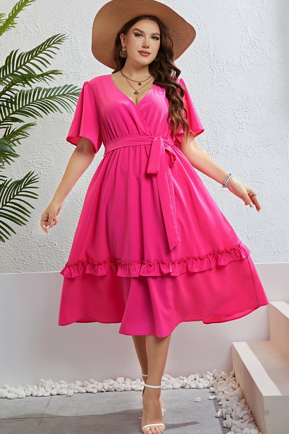 Belted Plus Size Pink Ruffle Dress up to 4XL – The Landing World