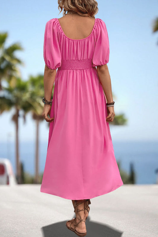 Women's Square Neck Puff Sleeve Resort Midi Dress