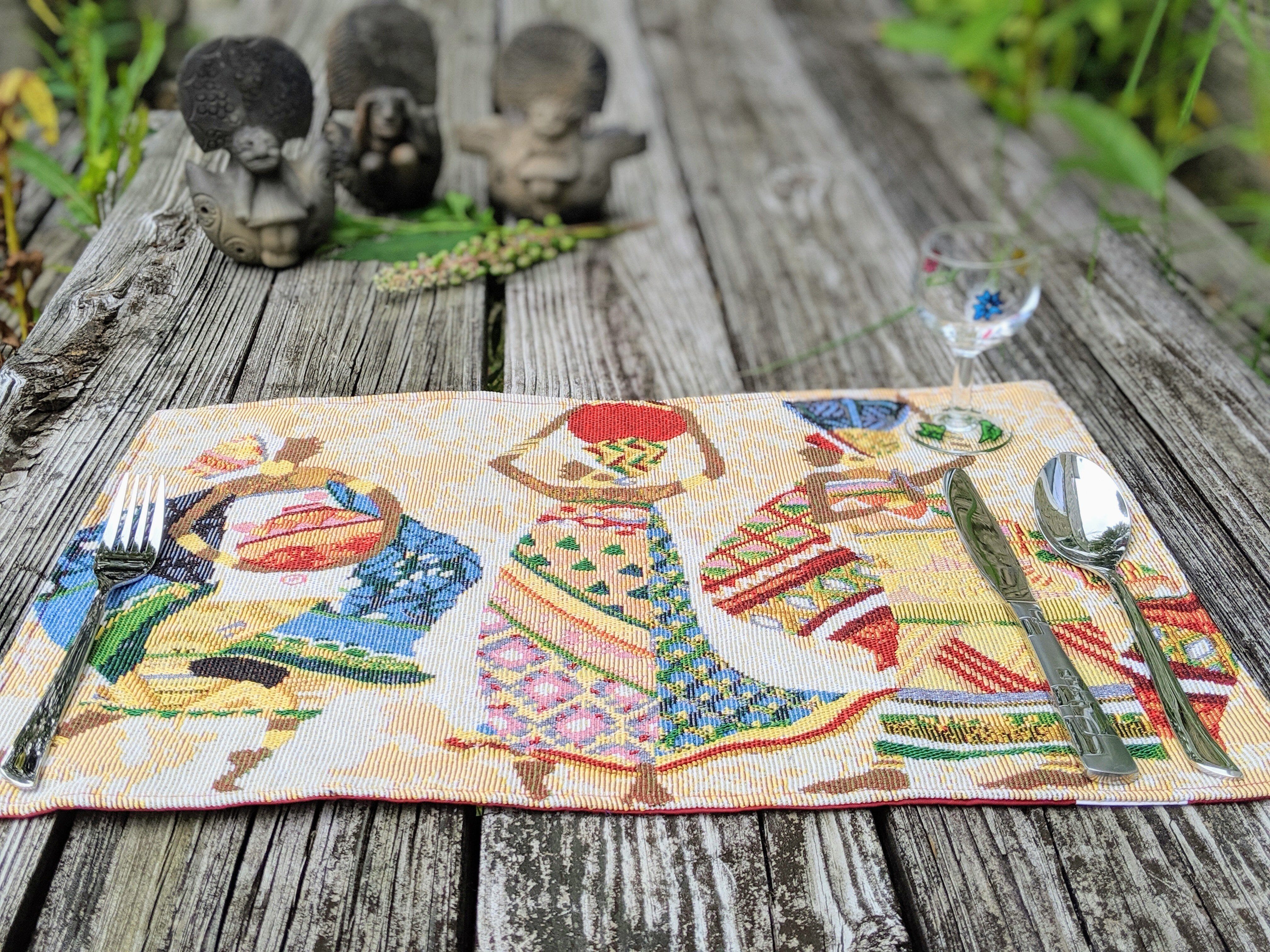 Set of 4-Pieces Dancing Women African Kwanzaa Tapestry Dining Table Placemats 13” x 19” (18117)