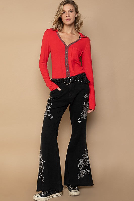 Raw Hem Embroidered Flare Pants