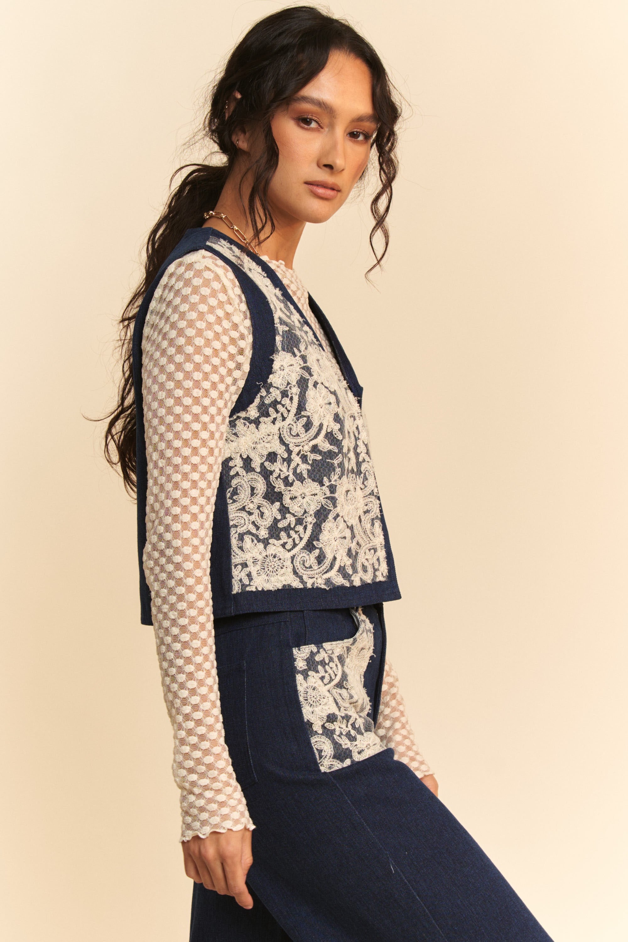 Lace Patch Open Front Denim Vest