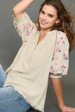 Full Size Half Button Top with Embroidery Sleeves