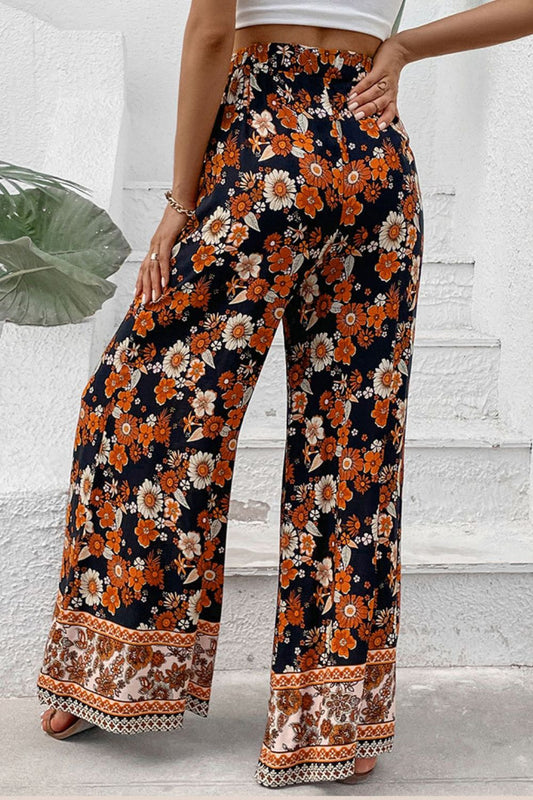 Floral Wide Leg Beachy Pants with Pockets