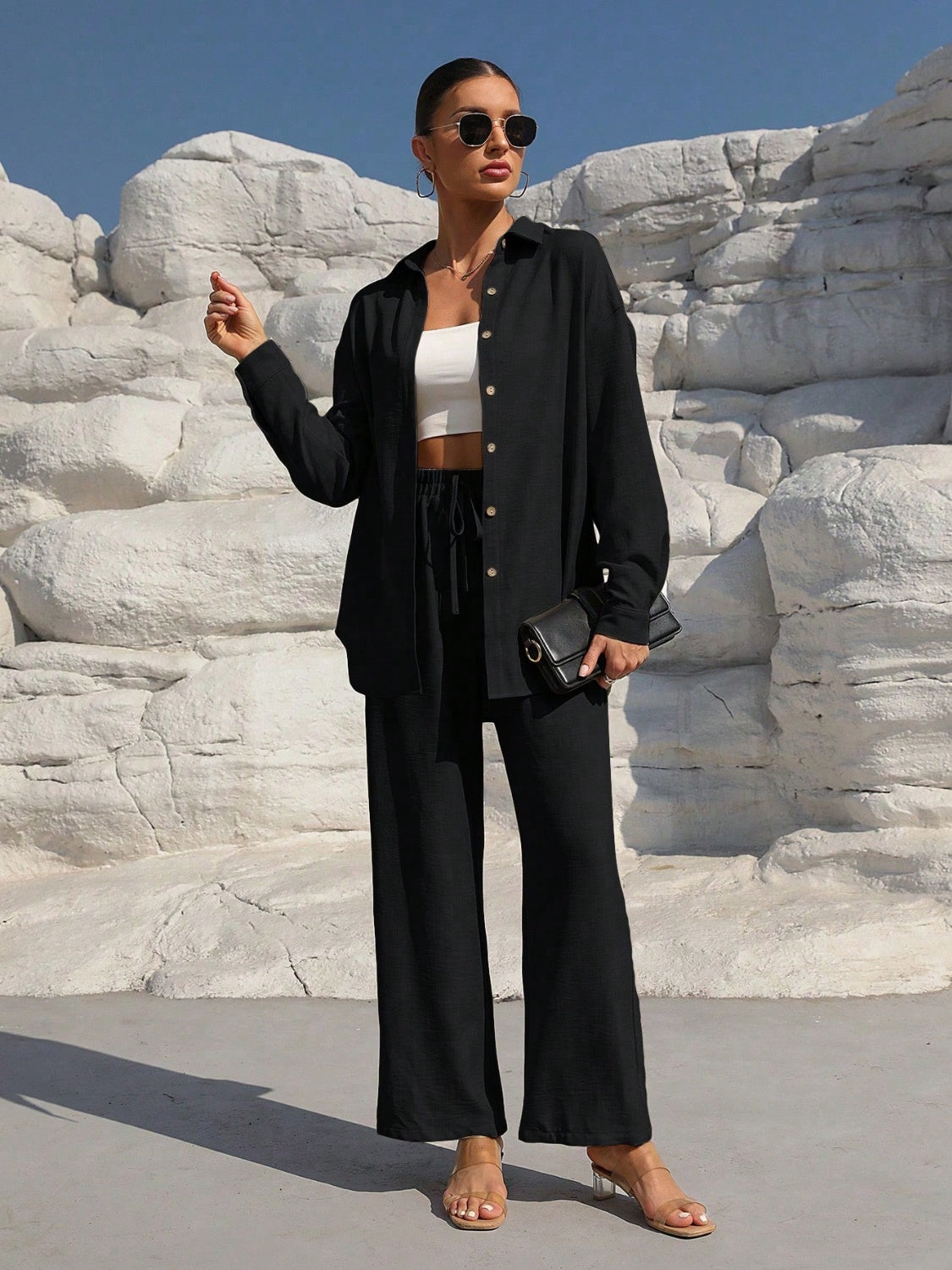 Button Up Long Sleeve Resort Top and Pants Set