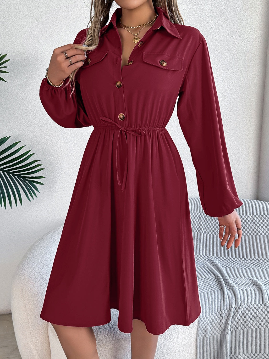 Collared Neck Long Sleeve Midi Dress with Pockets