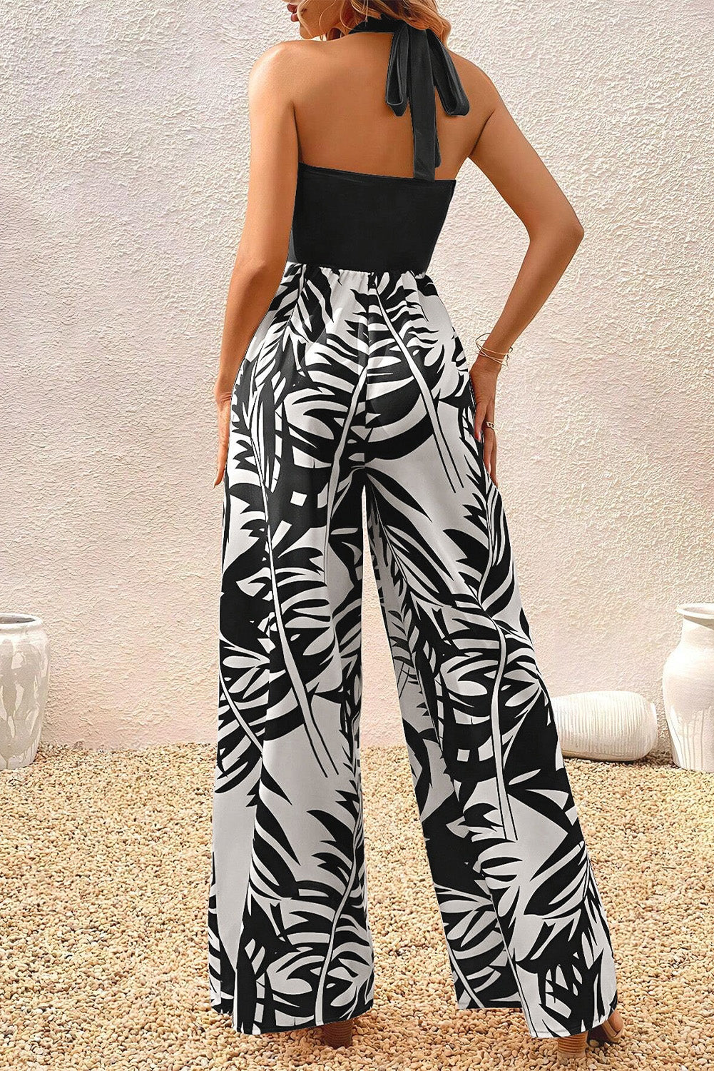 Tropical Halter Wide Leg Vacation Jumpsuit