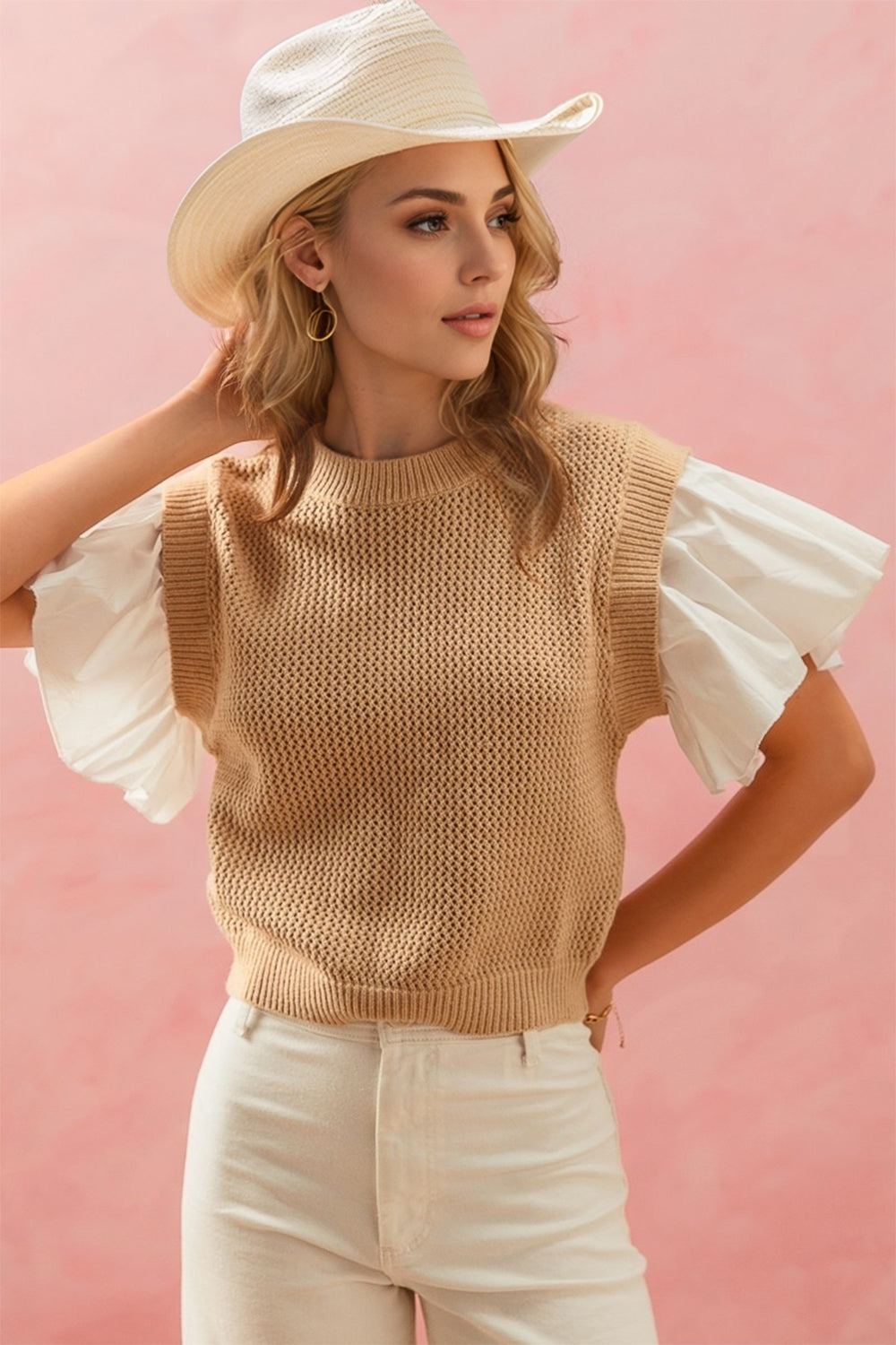 Full Size Ruffled Cute Short Sleeve Sweater