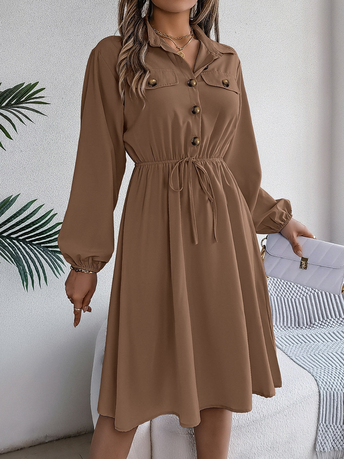 Collared Neck Long Sleeve Midi Dress with Pockets