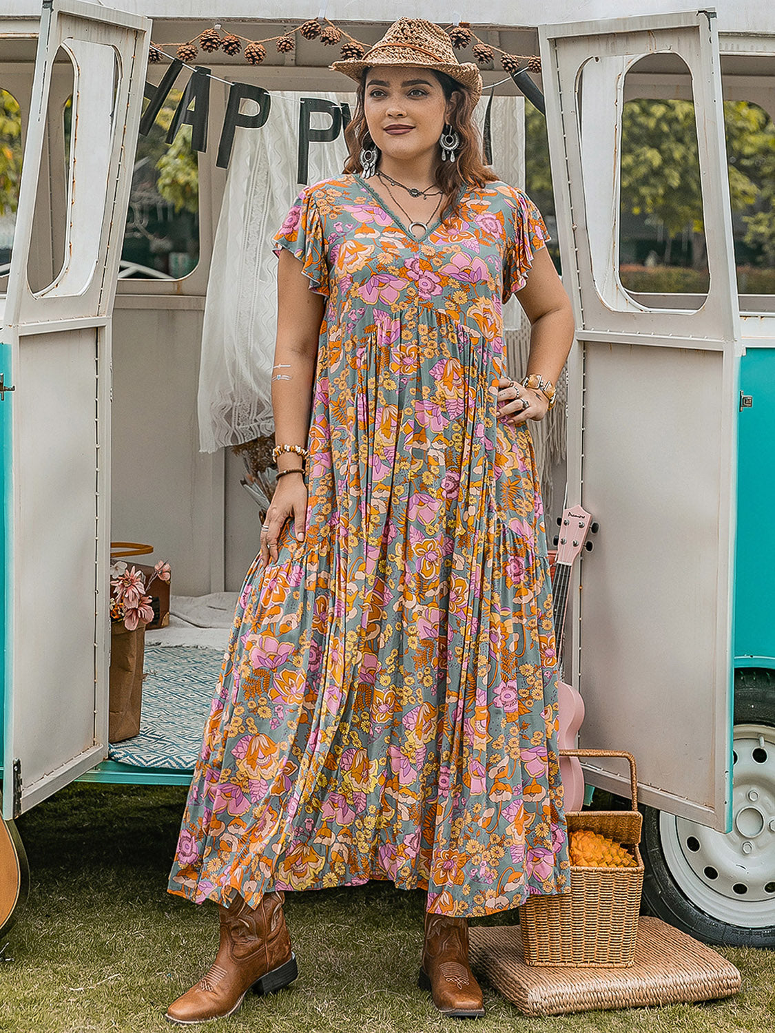 Plus Size Ruffled Printed Cap Sleeve Maxi Dress