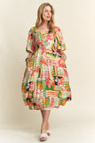 Tropical Puff Sleeve Resort Vacation Midi Dress